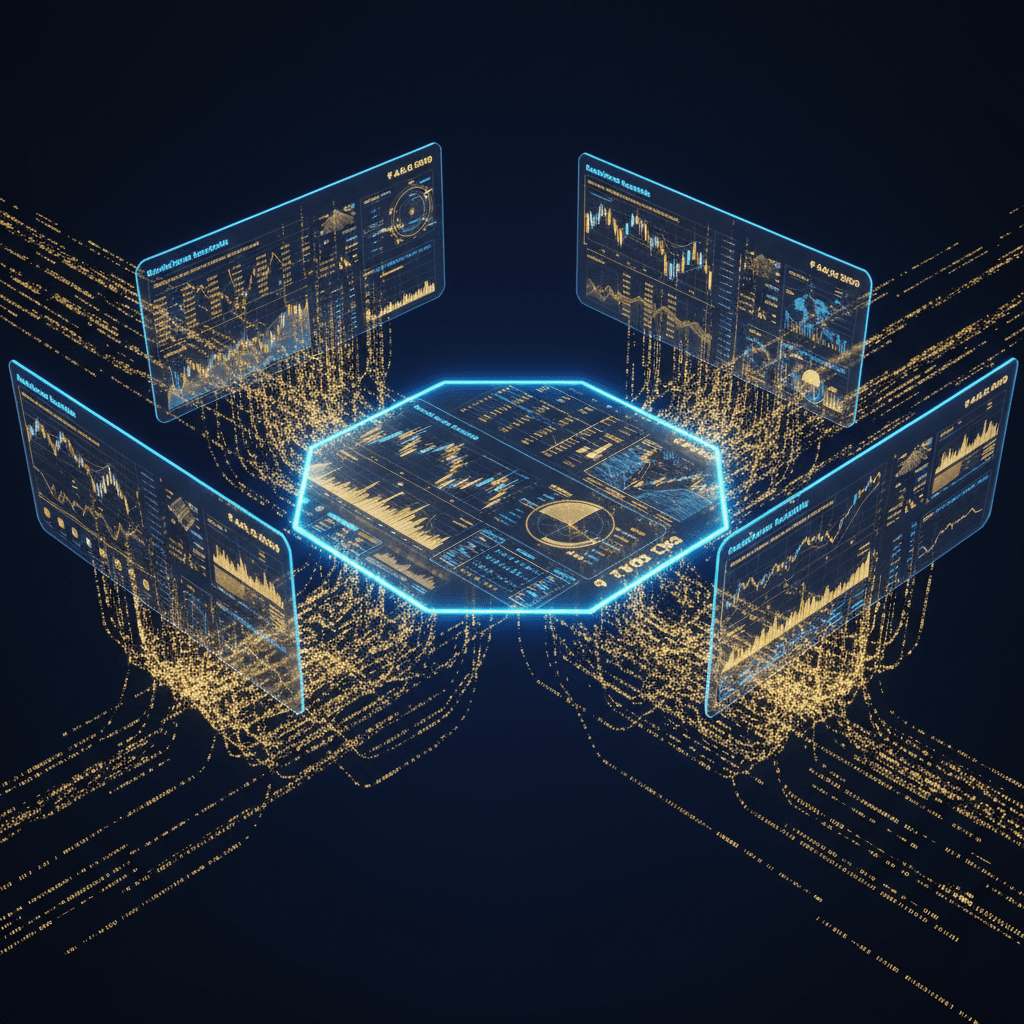 Multiple account screens merging into one unified dashboard through data streams
