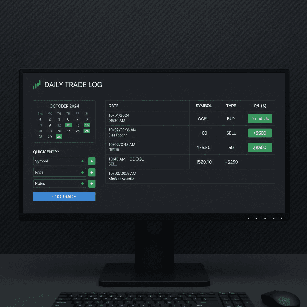 Minimalist daily trade log interface with quick-entry fields and session summary
