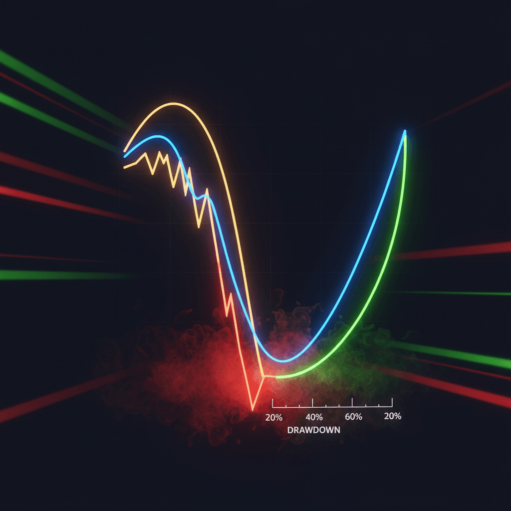 3D equity curve showing dramatic peak to trough drawdown decline with red warning glow and green recovery