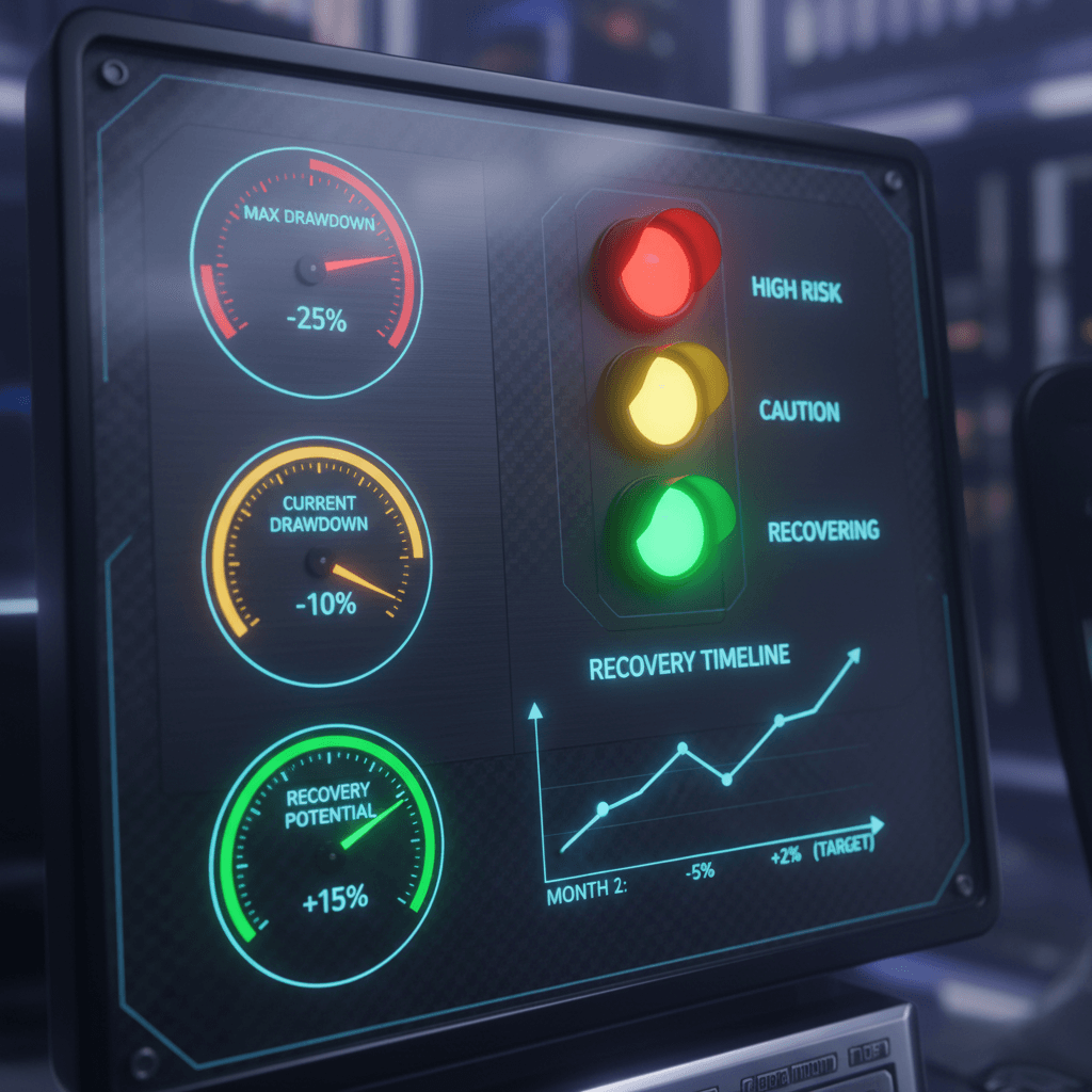 Portfolio drawdown monitor with gauge meters and traffic light warning system