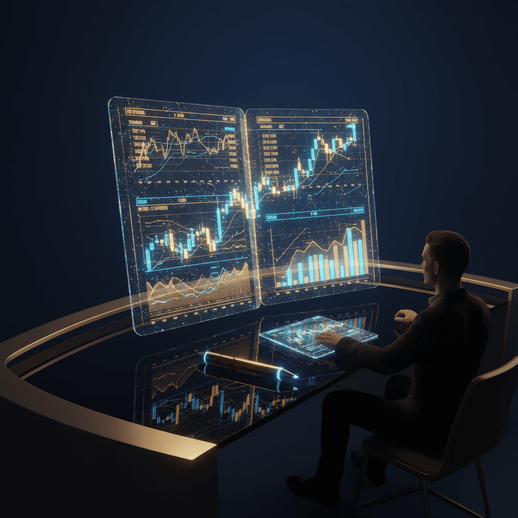 Trader reviewing a digital trading journal with trade logs and performance charts