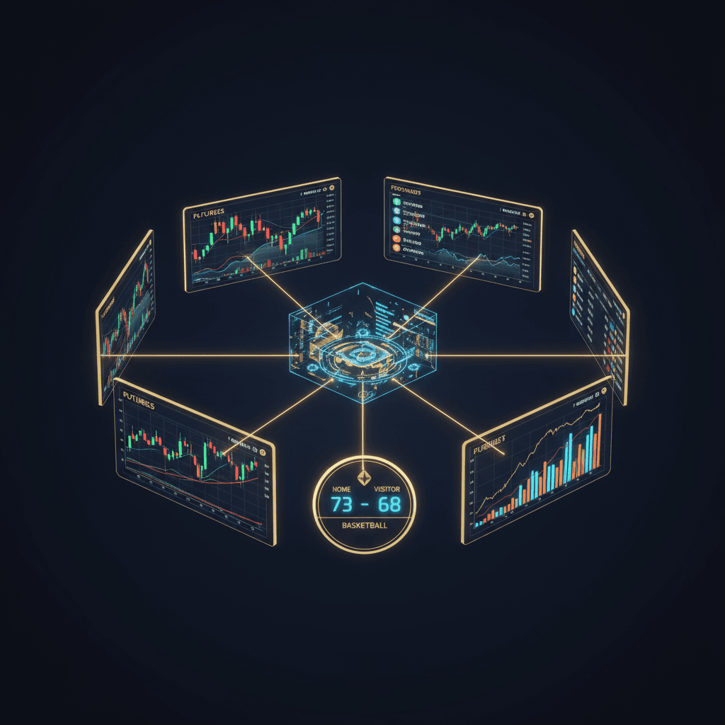 Multiple market screens showing futures, forex, crypto and sports betting data connected to a unified analytics dashboard