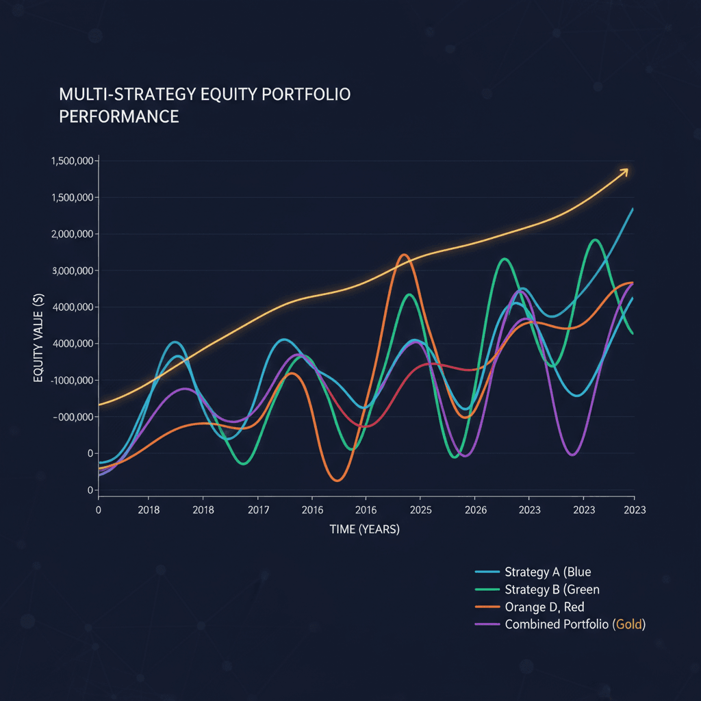 Multiple strategy cards combining into unified portfolio with combined equity curve
