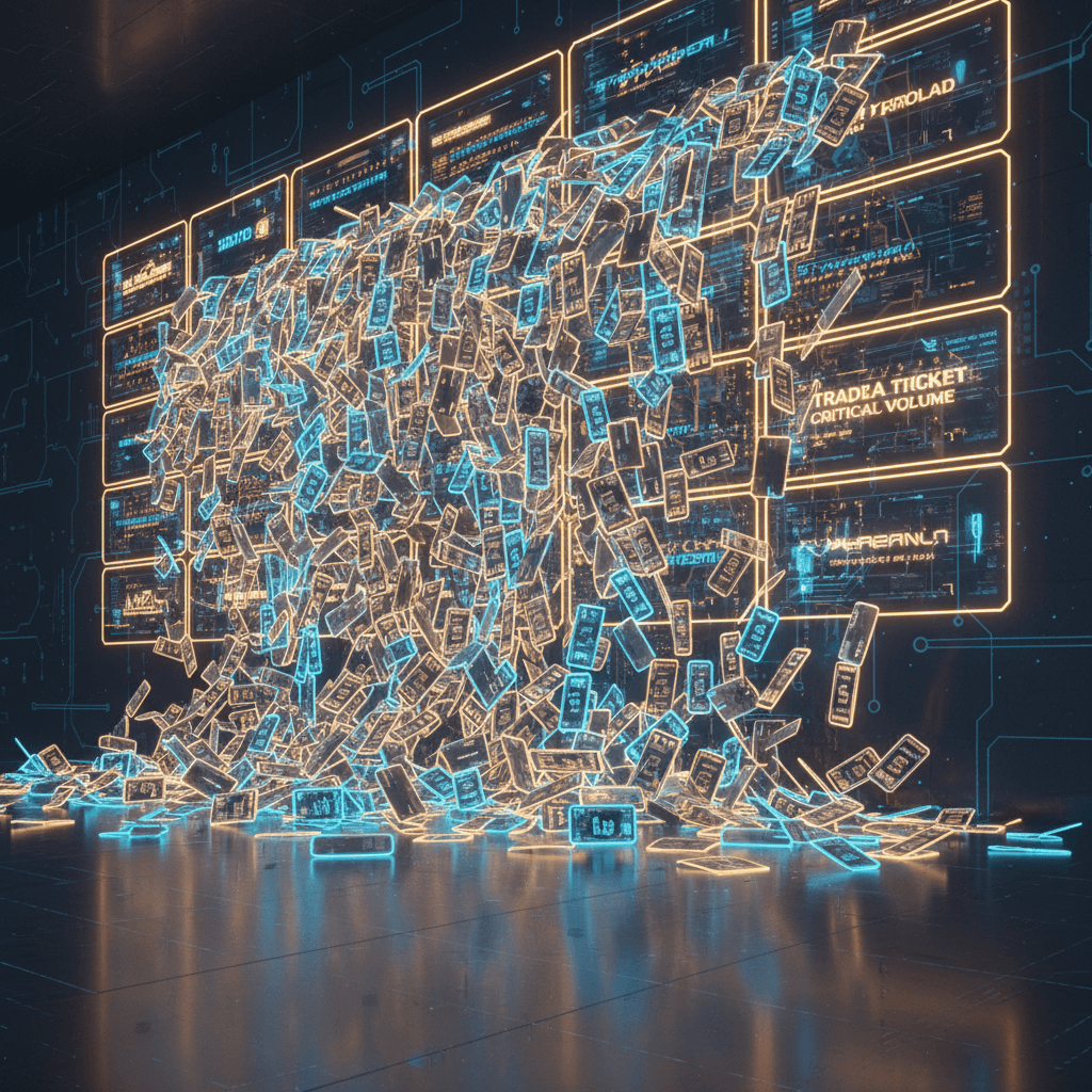 Flood of trade tickets pouring from screens representing overtrading