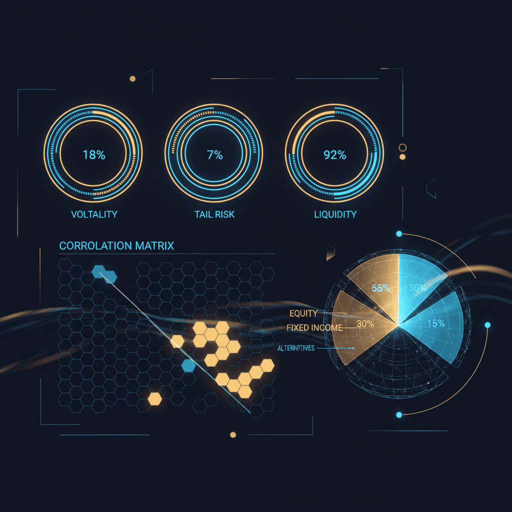 Risk management dashboard with portfolio risk gauges and correlation matrix