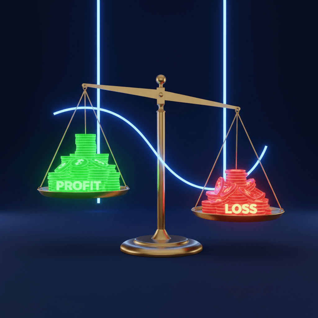 Golden balance scale showing profit versus loss with the profit side weighing heavier representing positive profit factor