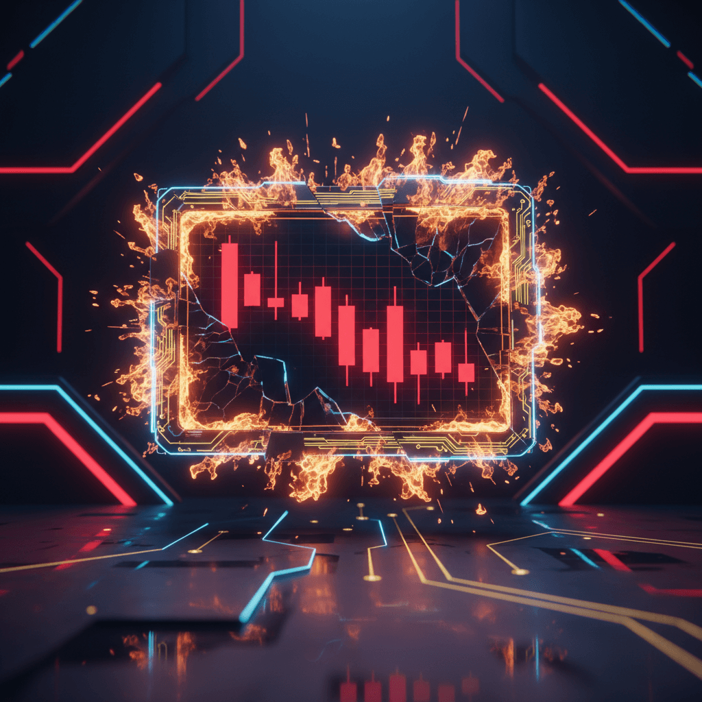 Cracked trading screen with red losing streak and emotional energy waves