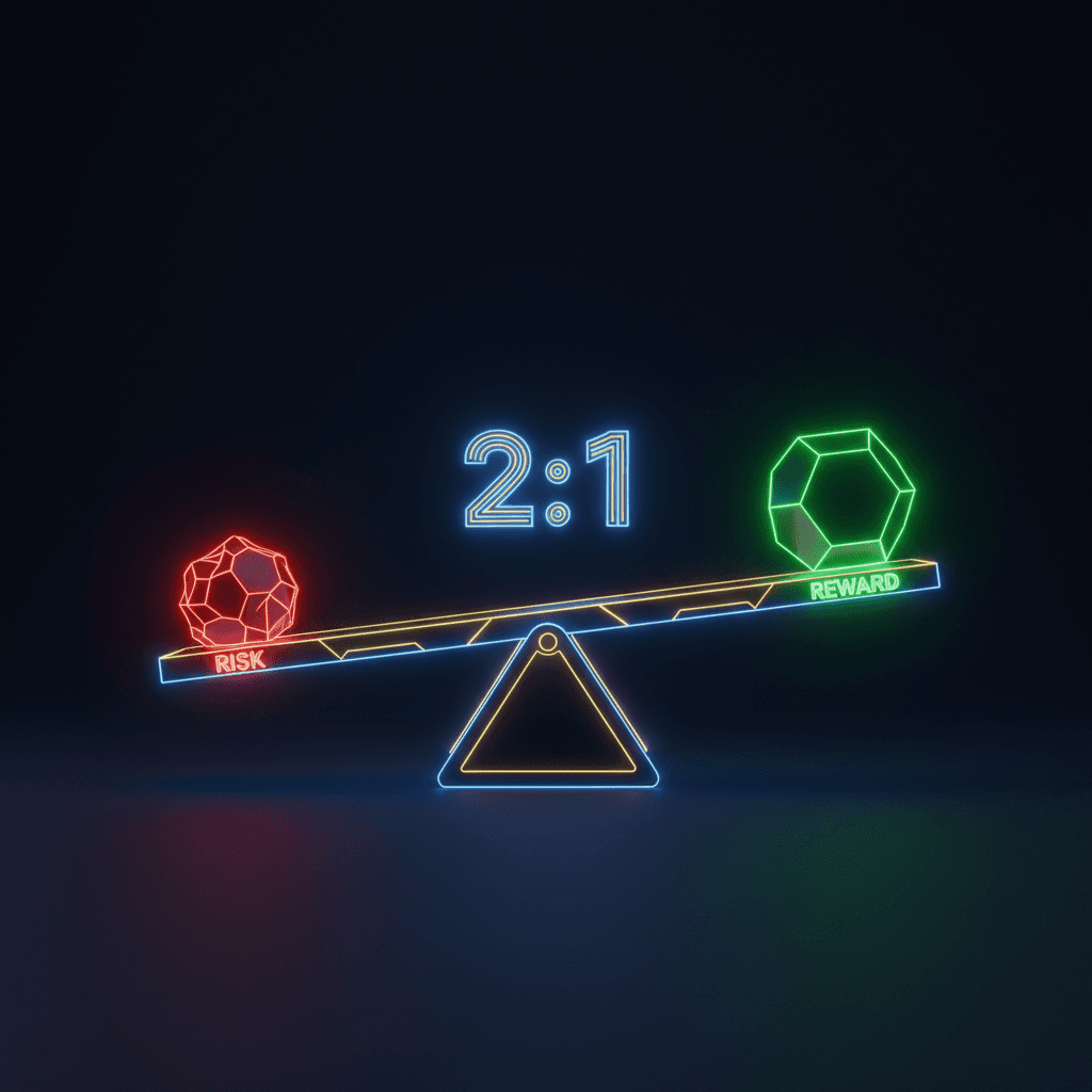 3D balance beam showing risk versus reward with floating ratio numbers illustrating a 2 to 1 risk reward ratio