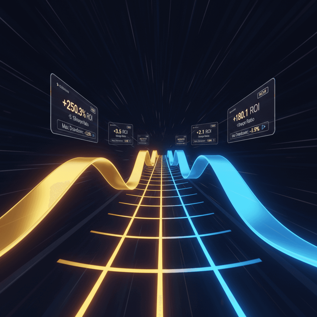Two trading strategies compared side by side with racing equity curves in gold and blue