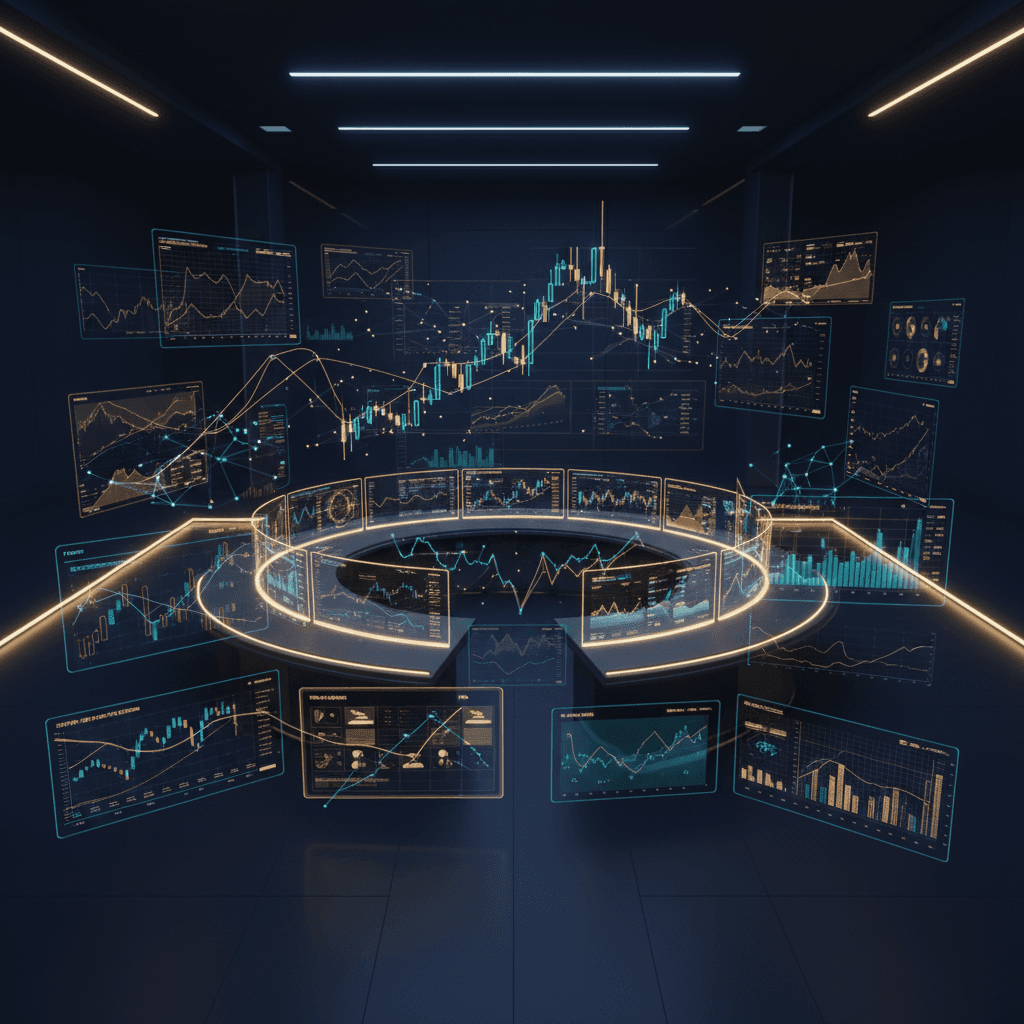 Trading analytics command centre with glowing dashboards showing equity curves, candlestick charts and performance metrics