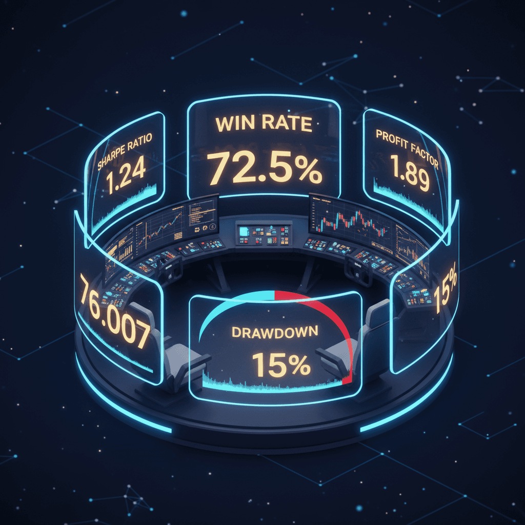 Holographic trading metrics cockpit showing win rate, profit factor, Sharpe ratio and drawdown gauges