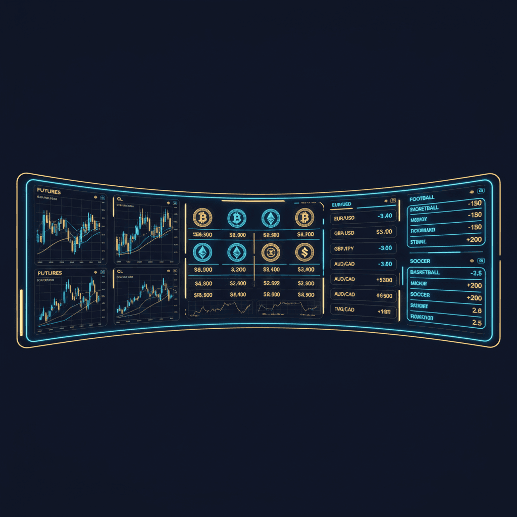 Multi market trading dashboard combining futures, forex, crypto and sports betting data in one unified view