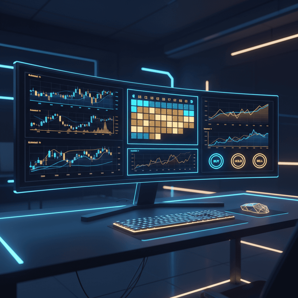 Futuristic trading dashboard setup on a curved monitor with charts, calendar heatmaps and equity curves