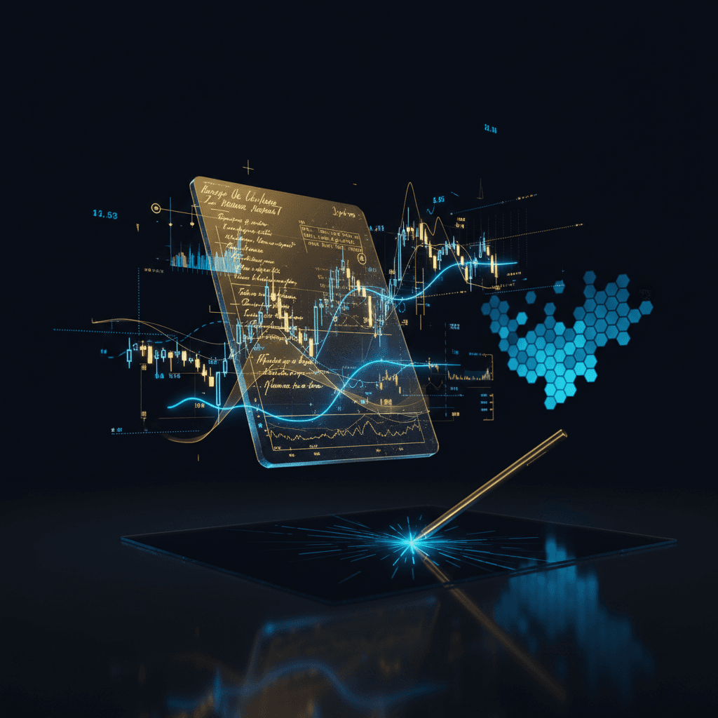 Digital trading journal with notes transforming into performance data and calendar heatmaps