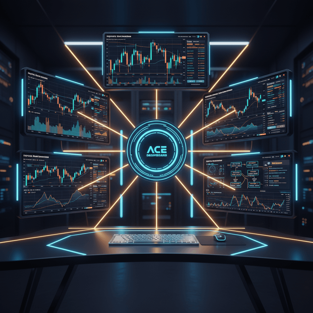 Trading tools and platforms connected to ACE Portfolio Tracker hub via glowing data streams