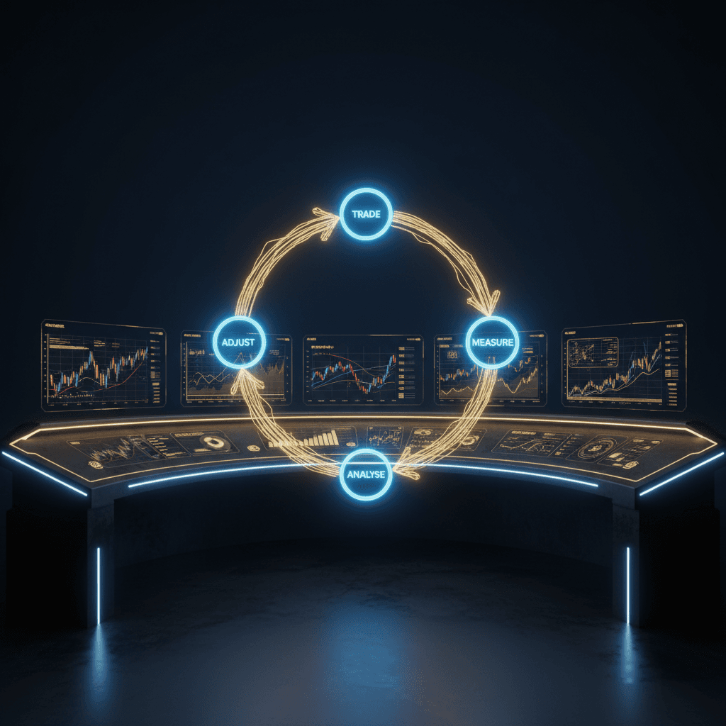 The trading analytics feedback loop showing trade, measure, analyse and adjust as four connected nodes