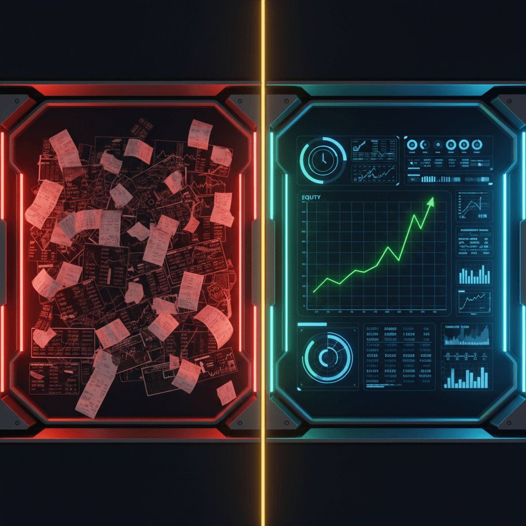 Split screen showing chaotic untracked trades on the left versus an organised trading analytics dashboard on the right