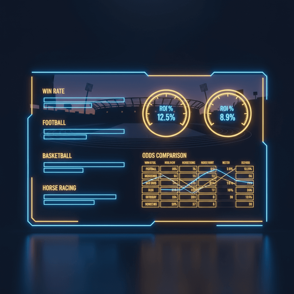 Sports betting analytics dashboard with win rate bars, ROI gauges and odds comparison charts for multiple sports