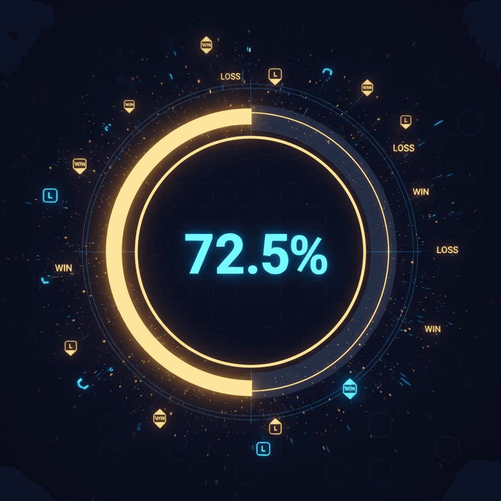 Glowing percentage gauge showing 72.5 percent win rate with circular progress ring and trade indicators